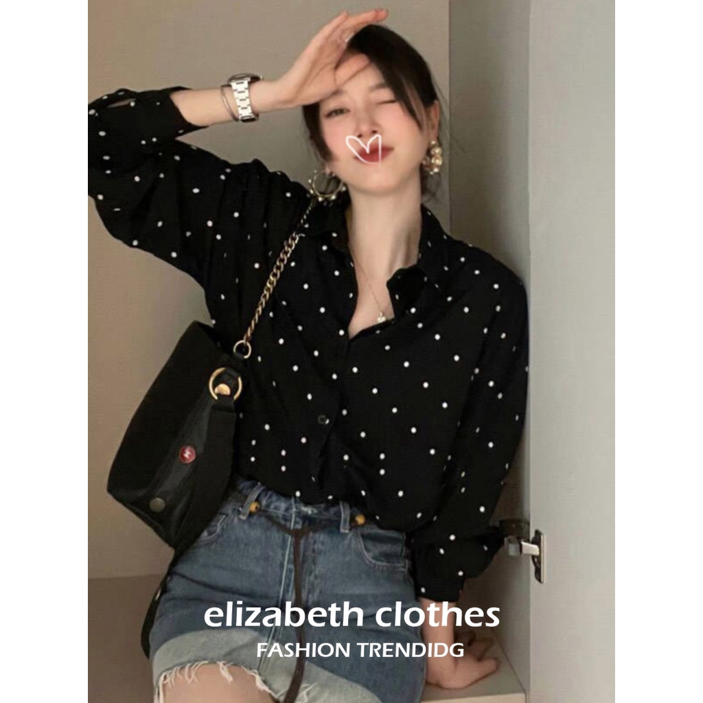 เสื้อเชิ้ตแขนบอลลูน ผ้าชีฟอง ทรงหลวม ลายจุด สไตล์เกาหลี