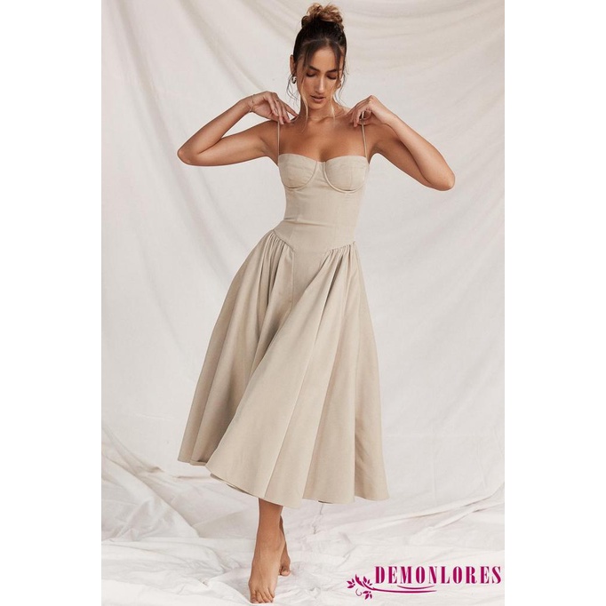 Demonlores-ผู้หญิงฤดูร้อน A-line Dress สีทึบแขนกุดBackless Midi Dress Low-Cut Cami Dress