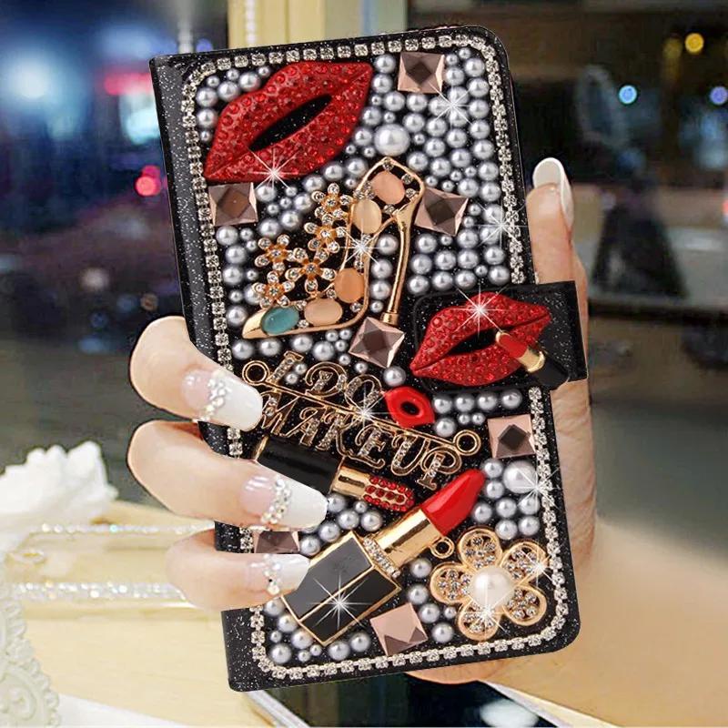 เคสโทรศัพท์มือถือหนัง ฝาพับแม่เหล็ก ลายดอกไม้ ประดับเพชร พลอยเทียม วิบวับ พร้อมช่องใส่บัตร สําหรับ iPhone 11 12 13 14 15 Pro Max XR XS 7 Plus