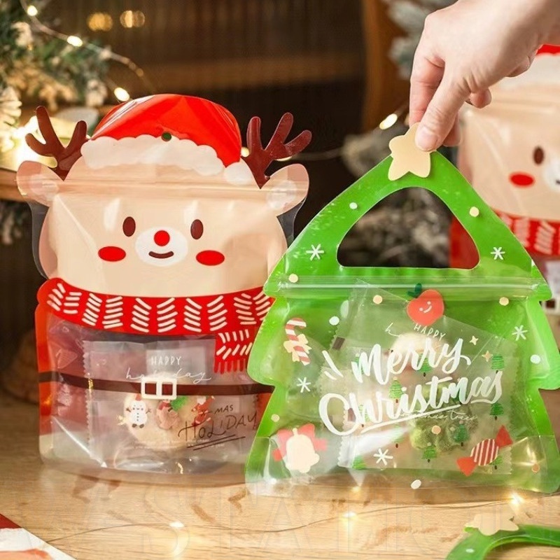 ถุงขนมคุกกี้ ขนมขบเคี้ยว รูปต้นคริสต์มาส กวางเอลก์น่ารัก แบบมือถือ สําหรับเด็ก 5 ชิ้น