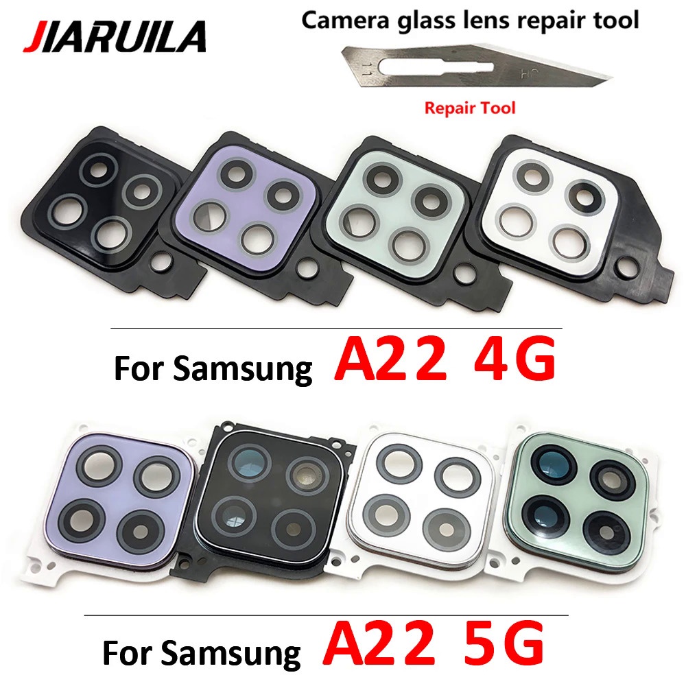 Original สําหรับ Samsung Galaxy A22 5G 4G เลนส์กล้องด้านหลังฝาครอบกระจกกรอบผู้ถือแหวนสติกเกอร์อะไหล่