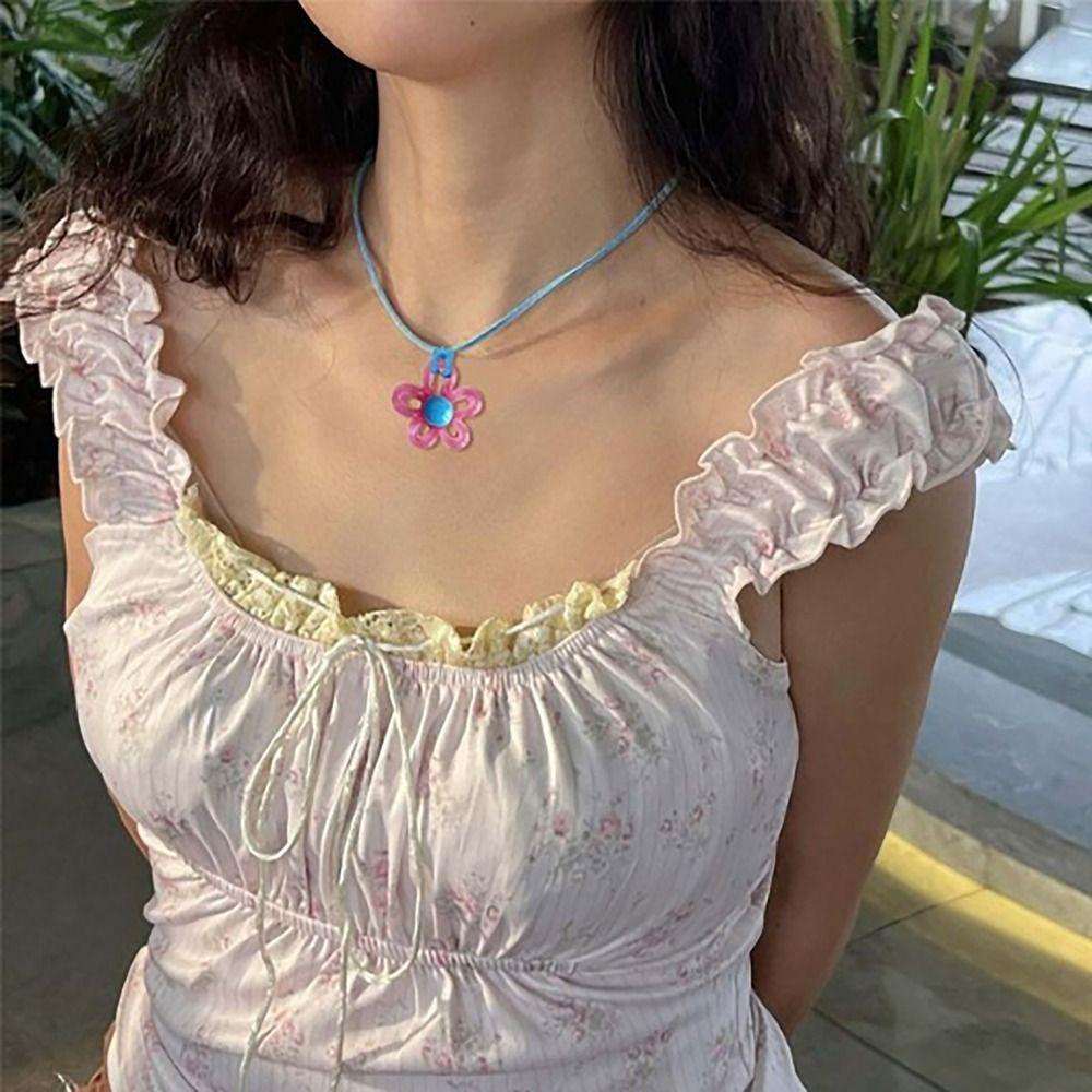 Xianen สร้อยคอโซ่ จี้ดอกไม้ สีตัดกัน เข้ากับทุกชุด สไตล์เรโทร สําหรับผู้หญิง