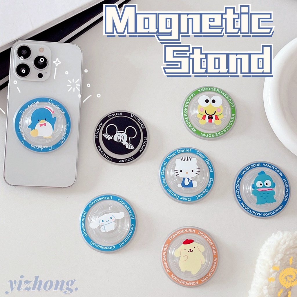 ขาตั้งโทรศัพท์มือถือ PC แม่เหล็ก ทรงกลม กันกระแทก ลาย Hello Kitty Mickey Mouse Cinnamoroll Dog สําหรับโทรศัพท์มือถือ แท็บเล็ต