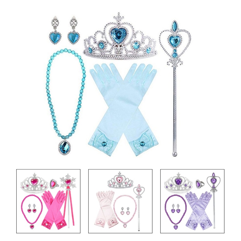 Princess Girls Cosplay Set Crown Magic Wand Necklace Wig Gloves Accessory
