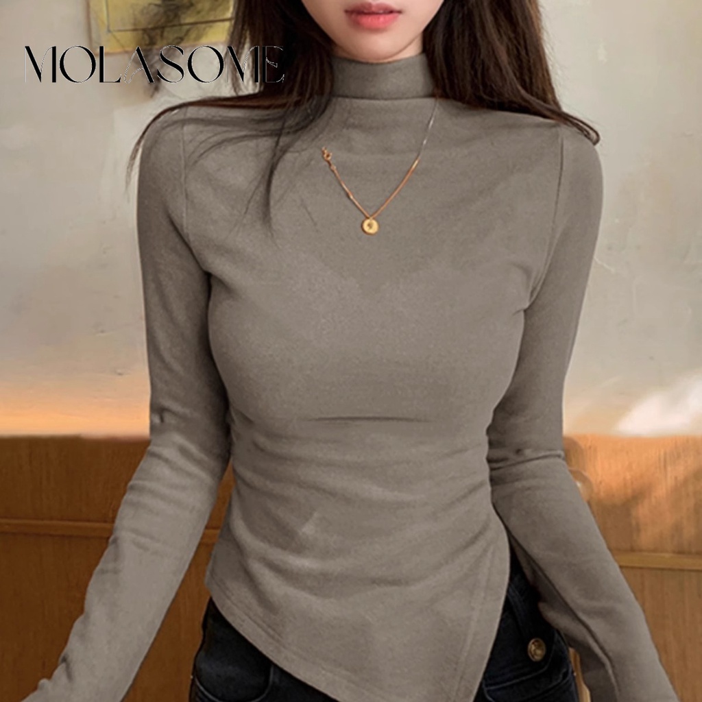 Molasome เสื้อยืด คอกลม แขนยาว ทรงสลิมฟิต สีพื้น แฟชั่นใหม่ สําหรับผู้หญิง 2023