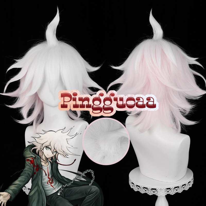 Anime Dangan Ronpa Gakuen Nagito Komaeda Cosplay Wig 37cm Long White Pink Mixed Wigs Heat Resistant 