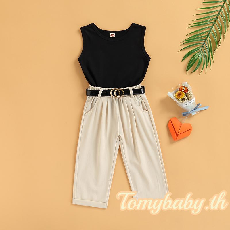 Tomybaby- เสื้อกล้าม คอกลม แขนกุด + กางเกงลําลอง พร้อมกระเป๋า พร้อมเข็มขัดคาดเอว สําหรับเด็กผู้หญิง อายุ