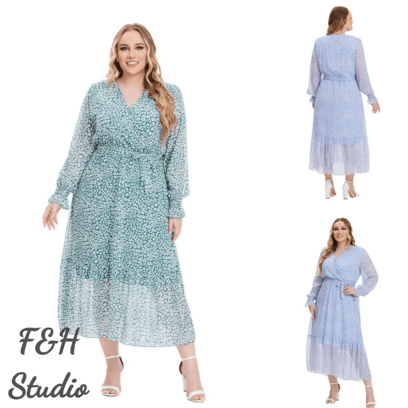 F&H 3995-2 สี XL-5XL ดอกไม้ Plus ขนาดผู้หญิงแขนยาวเข็มขัดเอว V คอชุด