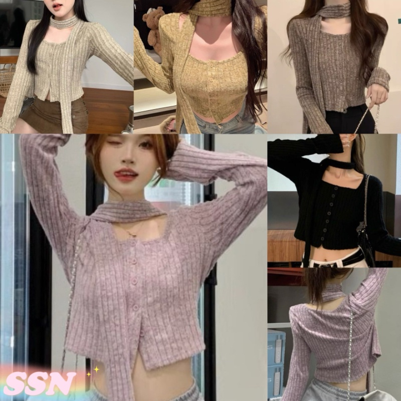 (จัดส่งจากประเทศไทย) สไตล์หวาน เสื้อคาร์ดิแกนถัก เสื้อครอป เสื้อคลุมฤดูใบไม้ร่วง สไตล์หลวม
