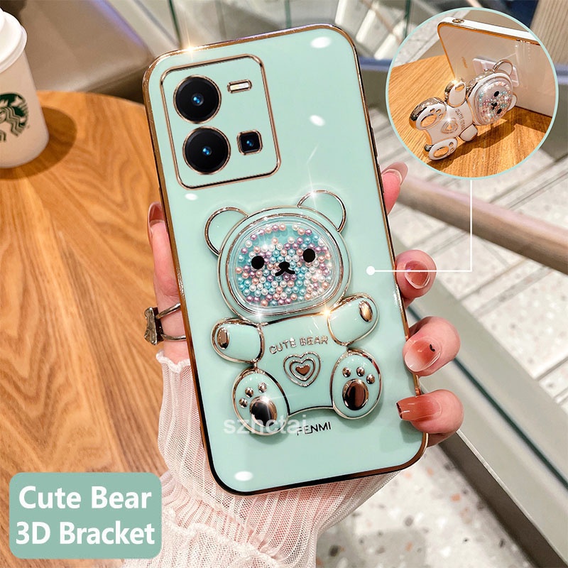 เคสโทรศัพท์ vivo y35 v25 v25 pro เคสโทรศัพท์มือถือชุบนิ่ม ทรงสี่เหลี่ยม ลายหมีน่ารัก 3D พร้อมที่ตั้ง