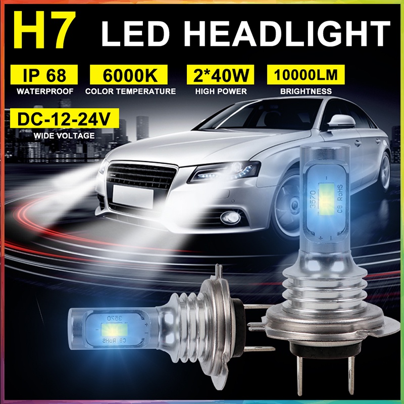 ชุดไฟหน้า LED H7 จำนวน2ชิ้น 80W 10000LM หลอดไฟลำแสงสูงหรือต่ำ 6000K IP สีขาว68ไฟหน้า Led Canbus อะไหล่รถยนต์