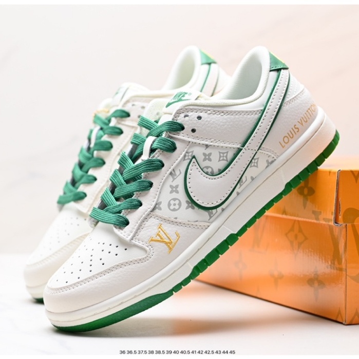 Louis Vuitton x Nike Air Jordan 1 Low "White Green" รองเท้าผ้าใบลำลองรองเท้าบาสเก็ตบอลสำหรับผู้ชายแ
