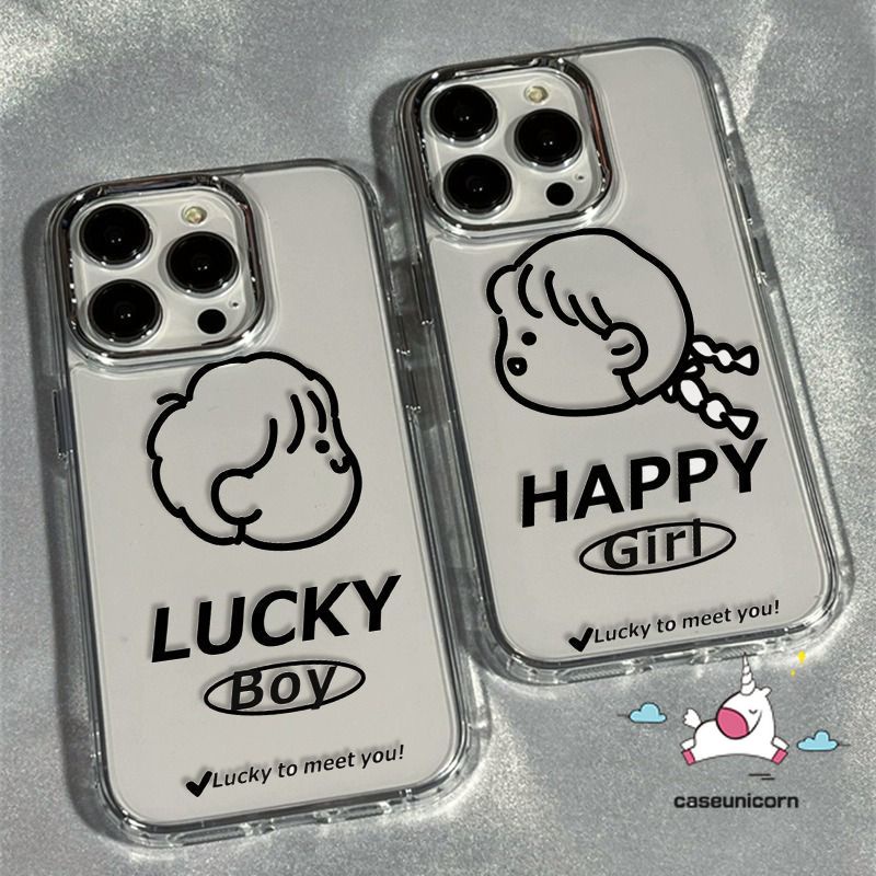 เคสโทรศัพท์มือถือคู่รัก แบบชุบโลหะ ลายการ์ตูนตัวอักษร Lucky Boy Girl Happy หรูหรา สําหรับ IPhone 7Plus 15 11 14 13 12 Pro Max XR XS Max X 8 6 15 7 6S Plus SE 2020
