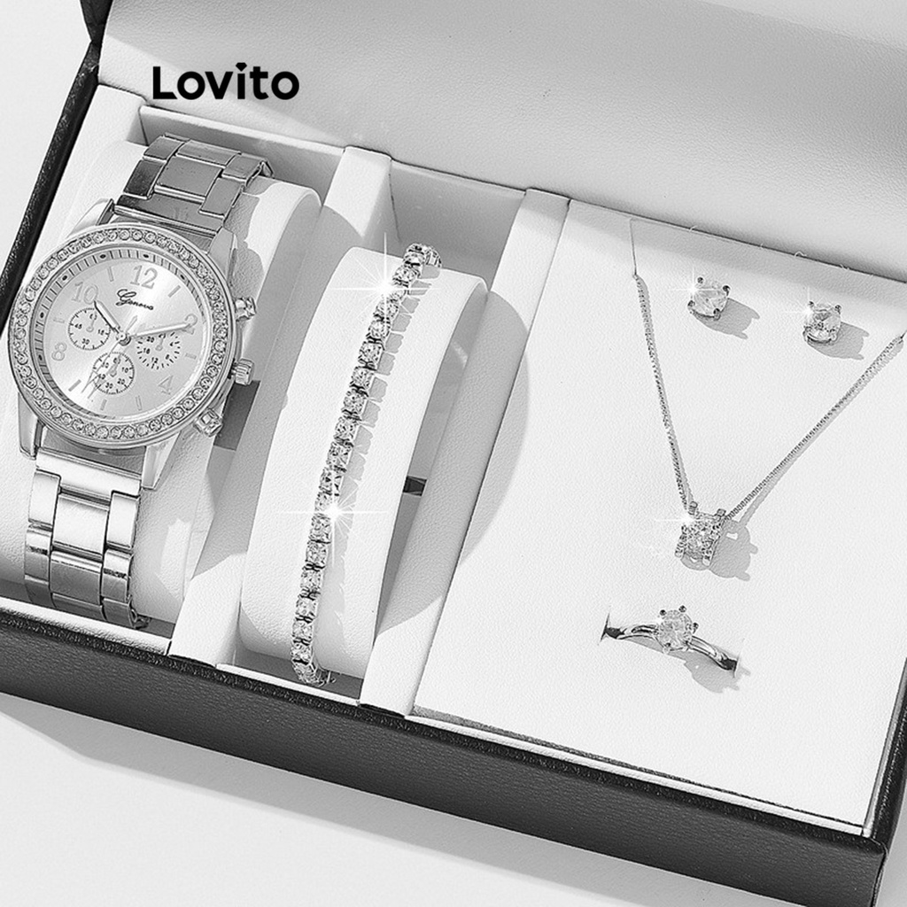 Lovito นาฬิกาข้อมือควอทซ์ หน้าปัดทรงกลม แต่งพลอยเทียม สไตล์ลำลอง สำหรับผู้หญิง LFA11694