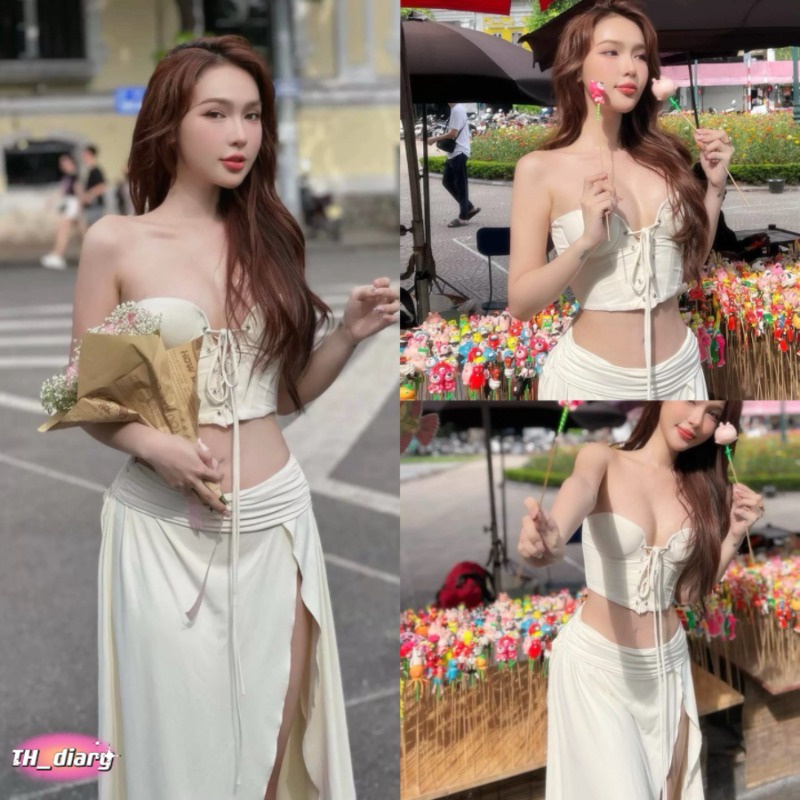 (จัดส่งจากกรุงเทพฯ) ฤดูร้อนรูปแบบใหม่ ชุดเซ็ตสองชิ้นเสื้อเกาะอกมีสาย + กระโปรงผ่าเอวต่ำ
