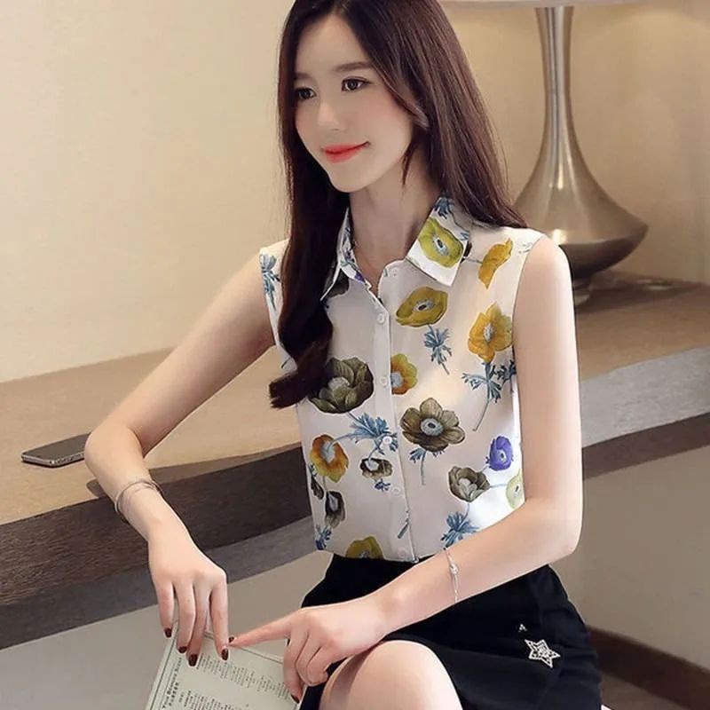 เสื้อเชิ้ตแขนกุด ผ้าชีฟอง ทรงหลวม ลายดอกไม้ แฟชั่นฤดูร้อน สไตล์เกาหลี