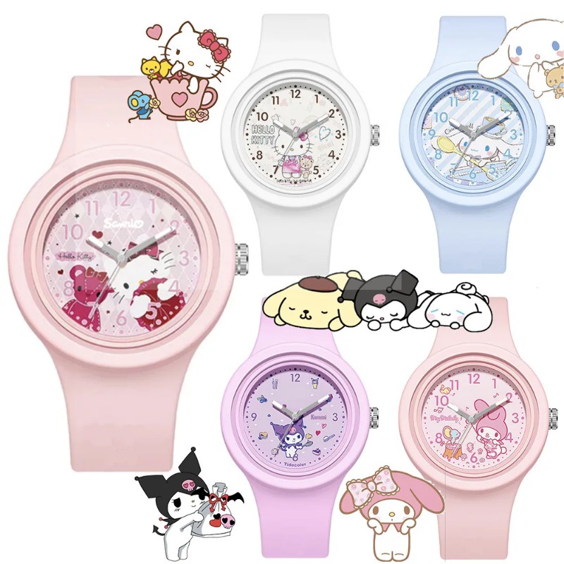 Sanrio นาฬิกาข้อมือควอตซ์แฟชั่น สายซิลิโคนนิ่ม หน้าปัดสี่เหลี่ยม ลาย Hello Kitty Kuromi Melody คุณภาพสูง ให้เป็นของขวัญได้ สําหรับนักเรียน