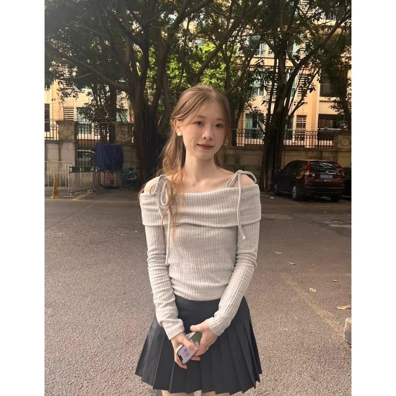 เสื้อแขนยาว เปิดไหล่ ผ้าถัก เข้ารูป เข้ารูป สีเทา แฟชั่นฤดูใบไม้ร่วง และฤดูหนาว สําหรับผู้หญิง