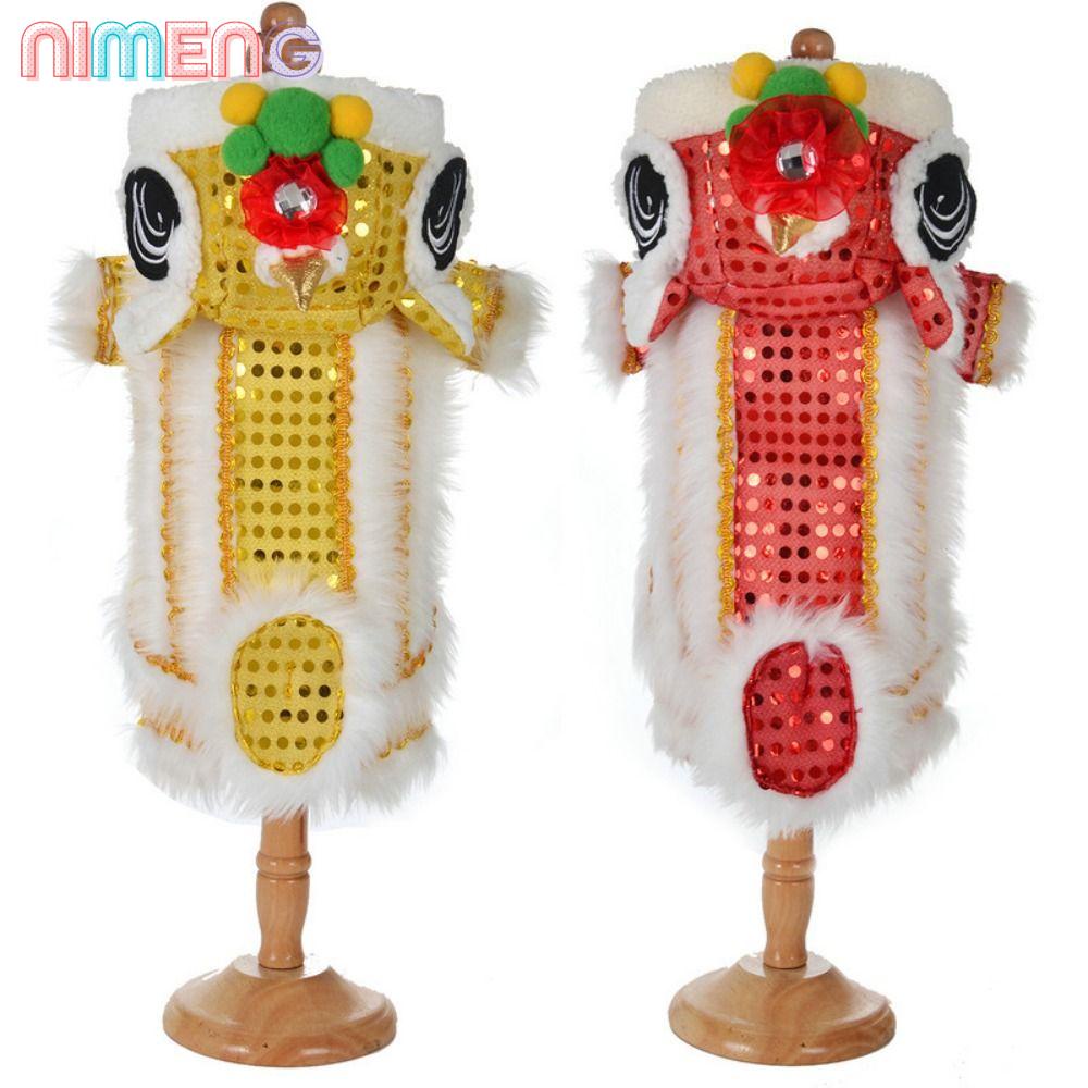 Nimeng ชุดเครื่องแต่งกายเชิดสิงโต มังกร สีทอง สําหรับสัตว์เลี้ยง สุนัข แมว สีแดง ปีน่ารัก