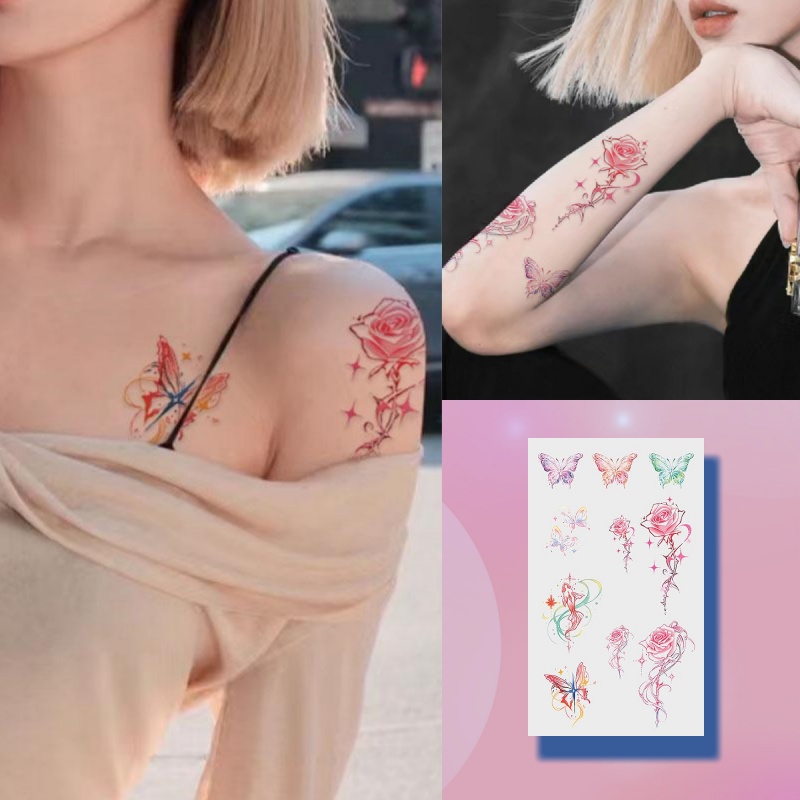 สติกเกอร์รอยสักชั่วคราว ลายดอกกุหลาบ ผีเสื้อน่ารัก กันน้ํา 7 วัน