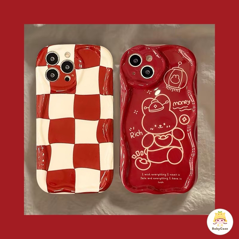 เคสโทรศัพท์มือถือ ขอบโค้ง ลายการ์ตูนกระต่ายหมากรุก สีแดง สําหรับ iPhone 13 11 15 12 14 Pro Max 7 8 Plus X XR XS Max SE