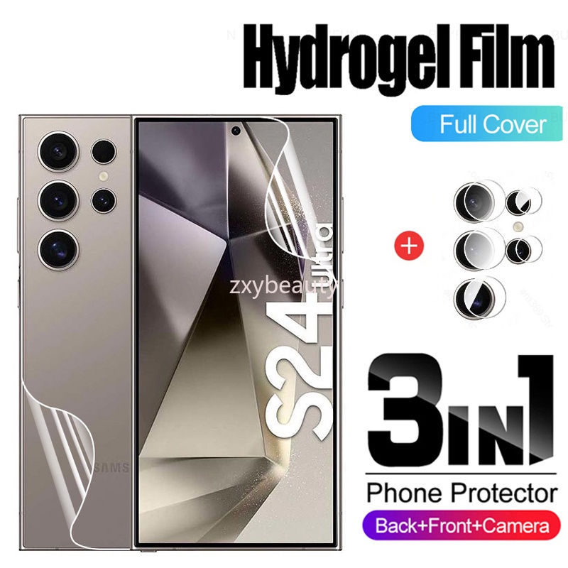 SAMSUNG 3in1 Soft Hydrogelฟิล์มสําหรับSamsung Galaxy S25 S24 Ultra 5G 2024 ฟิล์มด้านหลังสําหรับS24Ultra S24Plus Plus FE S24FE S25Ultra S25Plus S25FEกล้องเลนส์คลุมทั้งหมดป้องกันหน้าจอฟิล์ม