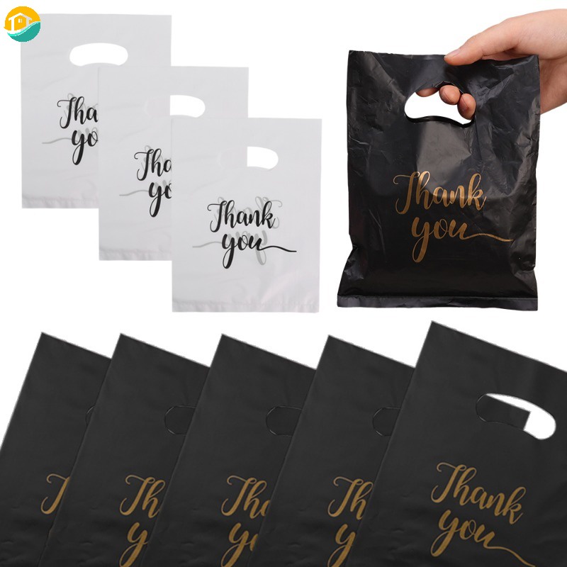 100 ชิ้น นํากลับมาใช้ใหม่ได้ พลาสติก ถุงขอบคุณ วันเกิด งานแต่งงาน ของขวัญ บรรจุภัณฑ์ สีดํา สีขาว เสื้อผ้า ถุง อุปกรณ์ตกแต่งงานปาร์ตี้