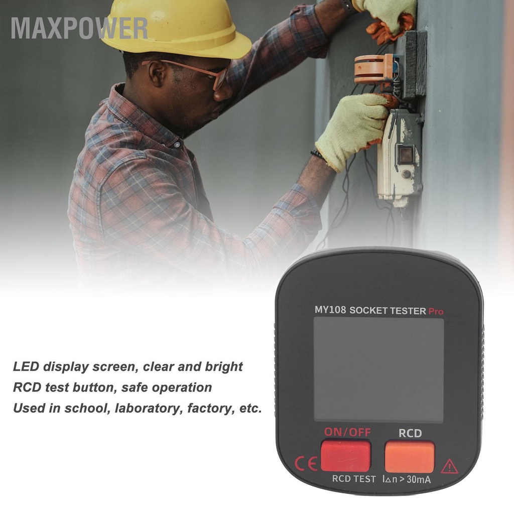 Maxpower Digital Display Socket Tester LED Screen Ground Wire Receptacle Detector with RCD Test EU Plug 30‑250V