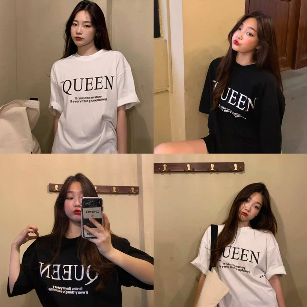 MKLเสื้อยืด คอกลม ลายอักษร QUEEN ⚡️ ⚡️ แขนสั้น ผ้านิ่ม เสื้อยืดแฟชั่น สไตล์เกาหลี  #9652
