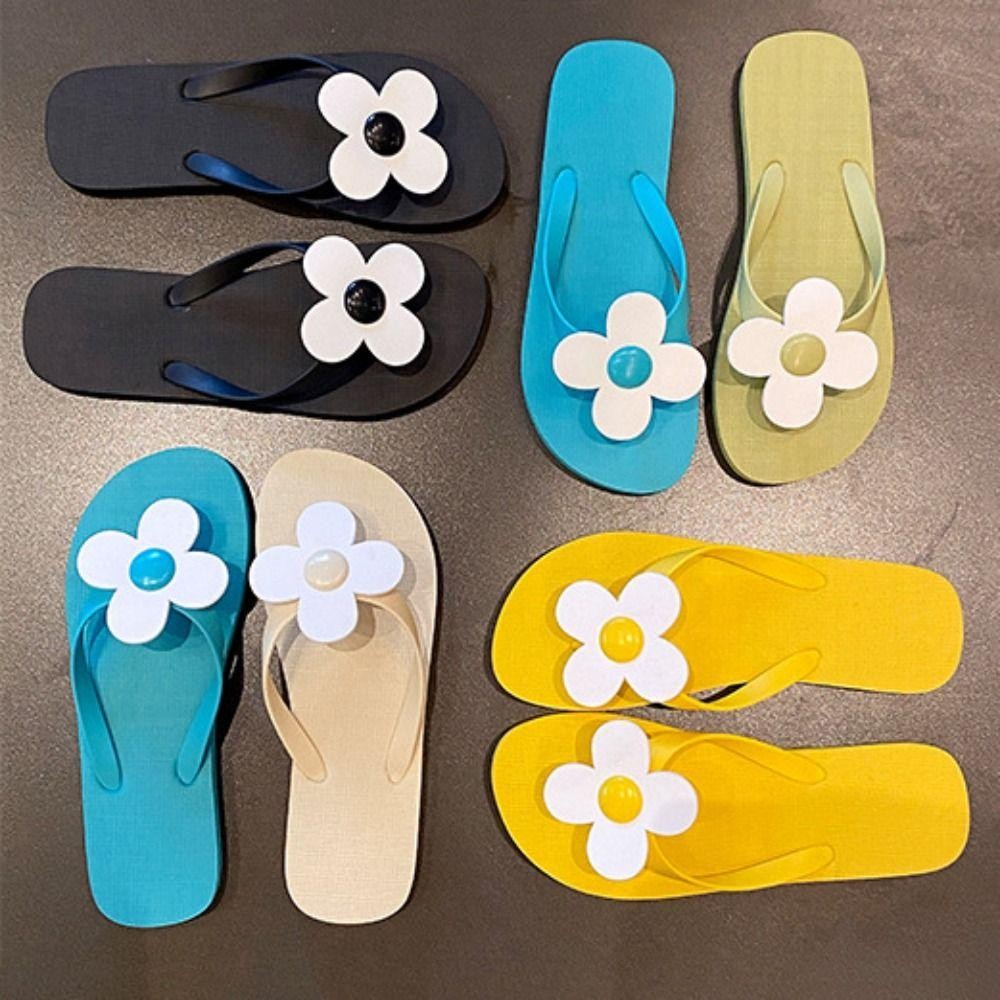 Daishen1 ดอกไม้ Flip Flops, ดอกไม้ Anti Slip แบน Soled รองเท้าแตะ, Simple Clip Toe ฤดูร้อน PVC แพลตฟอร์ม Flip Flops ฤดูร้อน