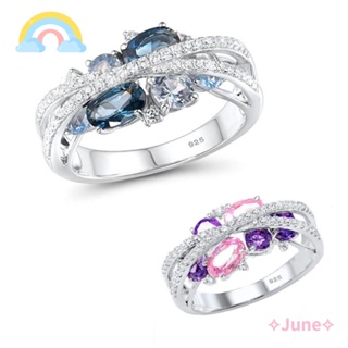 June แหวนหมั้นแต่งงาน แหวนหมั้น ประดับเพทาย สีฟ้า สีชมพู สําหรับผู้หญิง