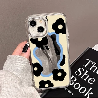 Case เคส for iPhone 11 13 15 16 14 12 17 Pro Max เคสไอโฟน11 16Pro ขอบดอกไม้สีขาวดำนม กรณีโทรศัพท์มือถือชุบกระจก