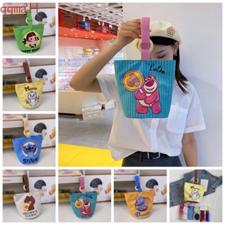 Qqmall กระเป๋าถือ ผ้าแคนวาส ทรงโท้ท ขนาดใหญ่ จุของได้เยอะ พิมพ์ลายการ์ตูนหมี ช้าง สตรอเบอร์รี่ แบบพกพา สไตล์เกาหลี