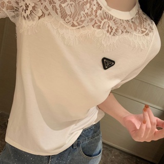 FTRH PRA * A 23 autumn and winter New letter triangle logo hand-cut lace stitching base shirt womens round neck fashion all-match