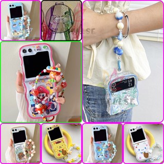 เคสโทรศัพท์มือถือ ซิลิโคนนิ่ม TPU ใส ลายการ์ตูนคลื่น พร้อมสายคล้องมือ สําหรับ Samsung Galaxy Z Flip 5 Z Flip 4 Z Flip 3