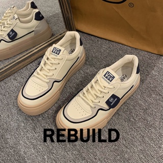 REBUILD รองเท้าผ้าใบผู้หญิง สีขาว พื้นหนา รองเท้าผ้าใบส้นสูงส้นหนา รองเท้าแฟชั่น ผูกเชือก 2023 NEW 36Z230907