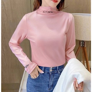 🍯เสื้อแขนยาวคอเต่า สีพื้น🍯 มีทั้งหมด6สีพร้อมส่ง ลายปักอักษร ผ้านุ่มยืดหยุ่นได้ดี 🍯#E03