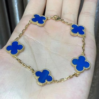 Lucky สร้อยข้อมือ ชุบทอง 18k จี้ใบโคลเวอร์สี่แฉก รูปดอกไม้ห้าแฉก สีโรสโกลด์ สีฟ้าธรรมชาติ สองด้าน NO.QD090722534047