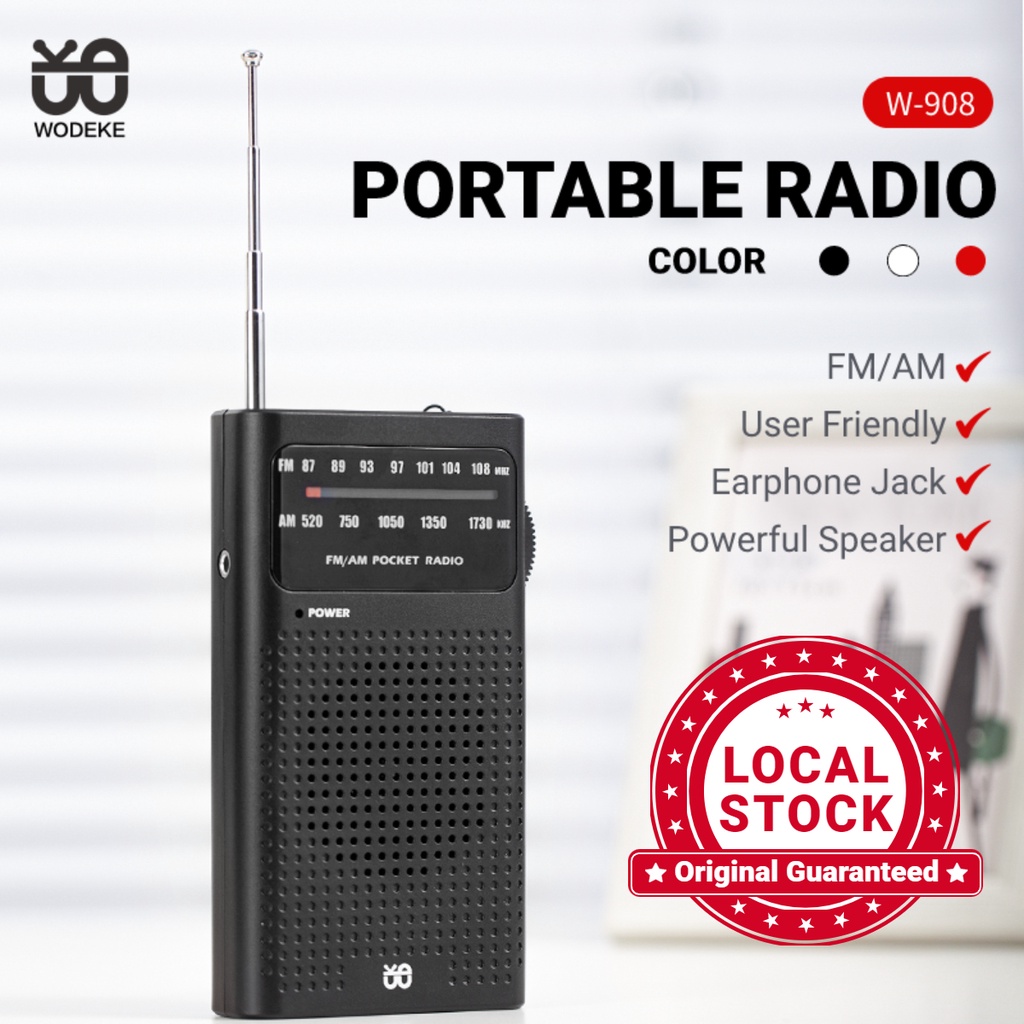 วิทยุ Wodeke รุ่น W-908 ขนาดพกพา สีดำ ขาว แดง วิทยุ FM AM ของขวัญสำหรับผู้ปกครอง
