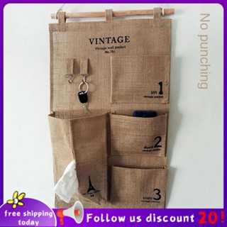 Se7ven✨Jute Storage Bag Vintage Drawer Sundries Bag Wall Hanging Mobile Phone Storage Dormitory Closet Bedside Remote Control Hanging Bag Dormitory Behind the Door Hanging