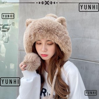 Yunhi หมวกบีนนี่ ผ้าถัก แต่งขนเฟอร์ ลายการ์ตูนหูแมวน่ารัก ให้ความอบอุ่น สําหรับผู้หญิง เล่นสกี