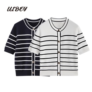 Uibey เสื้อโค้ทแฟชั่น คอกลม ลายทาง อเนกประสงค์ 4018