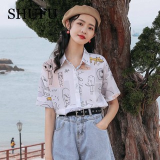 SHUFU 2333 พร้อมส่ง เสื้อเชิ้ตแขนสั้น ผ้าชีฟอง พิมพ์ลายดอกไม้ พลัสไซซ์ สไตล์เกาหลี สําหรับผู้หญิง