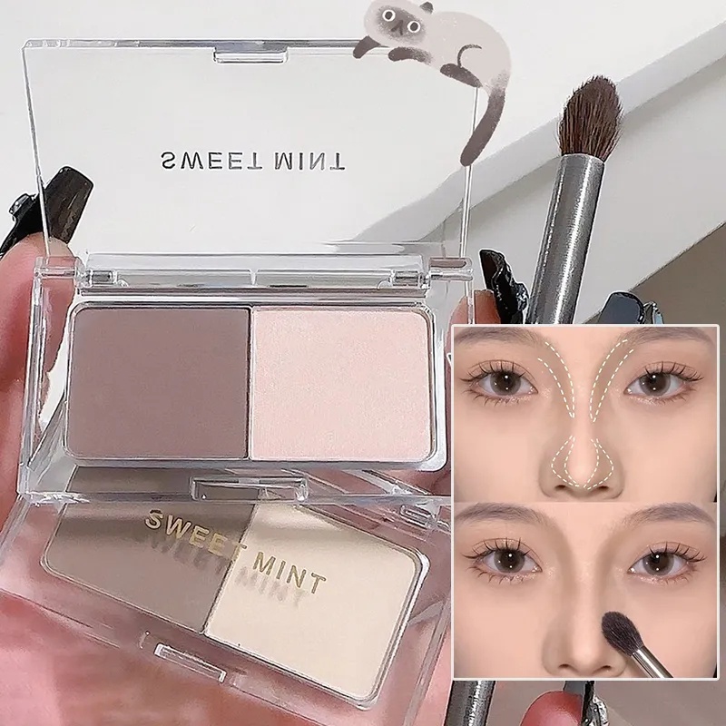 2 สี Highlighter Contour Repair Palette กันน้ํา Long-lasting Matte Contour Powder แต่งหน้าสีน้ําตาล Blush Highgloss เครื่องสําอาง