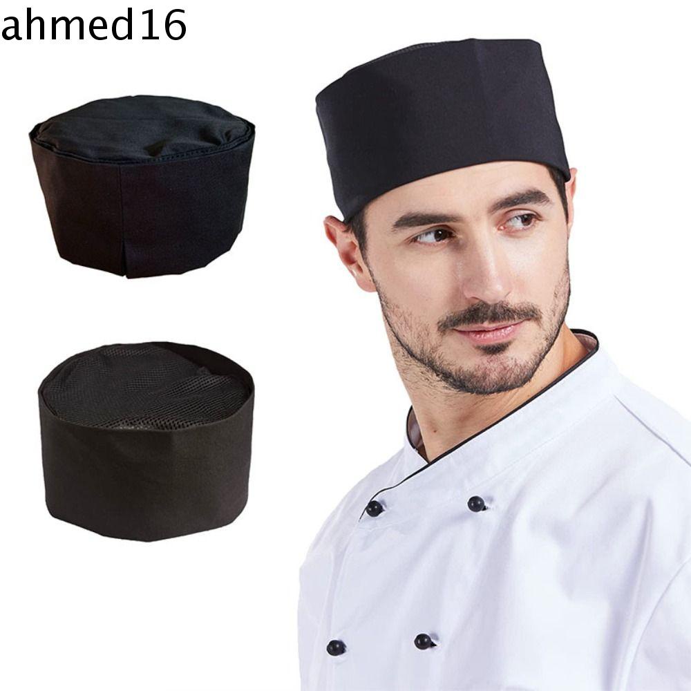 Ahmed หมวกเชฟซูชิ ระบายอากาศได้ ชั้นเดียว ปรับสายได้ หมวกเชฟ ด้านบนแบน หมวกทํางาน หมวกเชฟ สไตล์ญี่ปุ่น สีดํา ไม่มีชายคา หมวกเชฟ ร้านกาแฟ