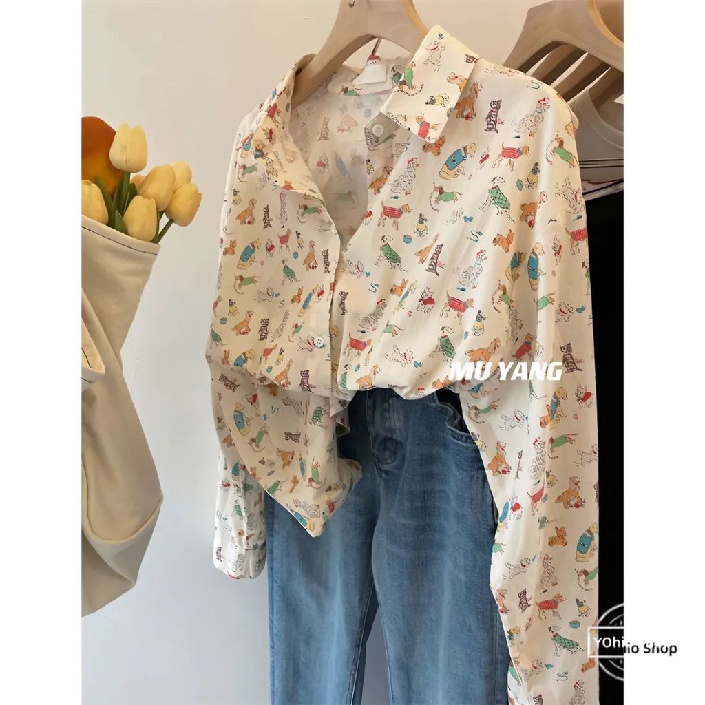 เสื้อเชิ้ตแขนยาว ทรงหลวม พิมพ์ลายลูกสุนัข อเนกประสงค์ แฟชั่นสําหรับผู้หญิง