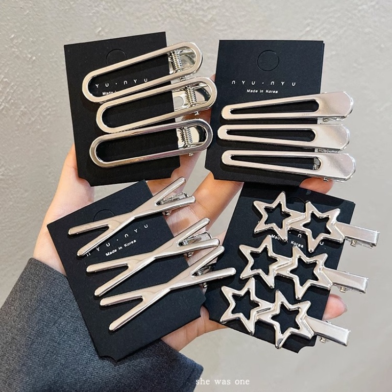 กิ๊บติดผมโลหะ สีเงิน เรียบง่าย ผู้หญิง สามชิ้น ดาว หน้าม้า คลิปแฟชั่น เด็กผู้หญิง เครื่องประดับผม