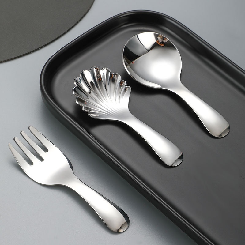 ช้อนส้อมสเตนเลส เกรด 304 ด้ามจับสั้น หัวกลม ขนาดเล็ก ของหวาน สําหรับเด็ก - รูปที่ 2