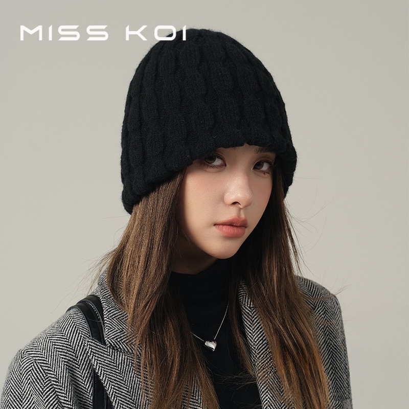 Misskoi [พร้อมส่ง] หมวกบักเก็ต ผ้าวูลถัก แบบหนา ทรงหลวม สีฟ้า สไตล์เกาหลี เหมาะกับฤดูใบไม้ร่วง ฤดูหนาว สําหรับผู้หญิง