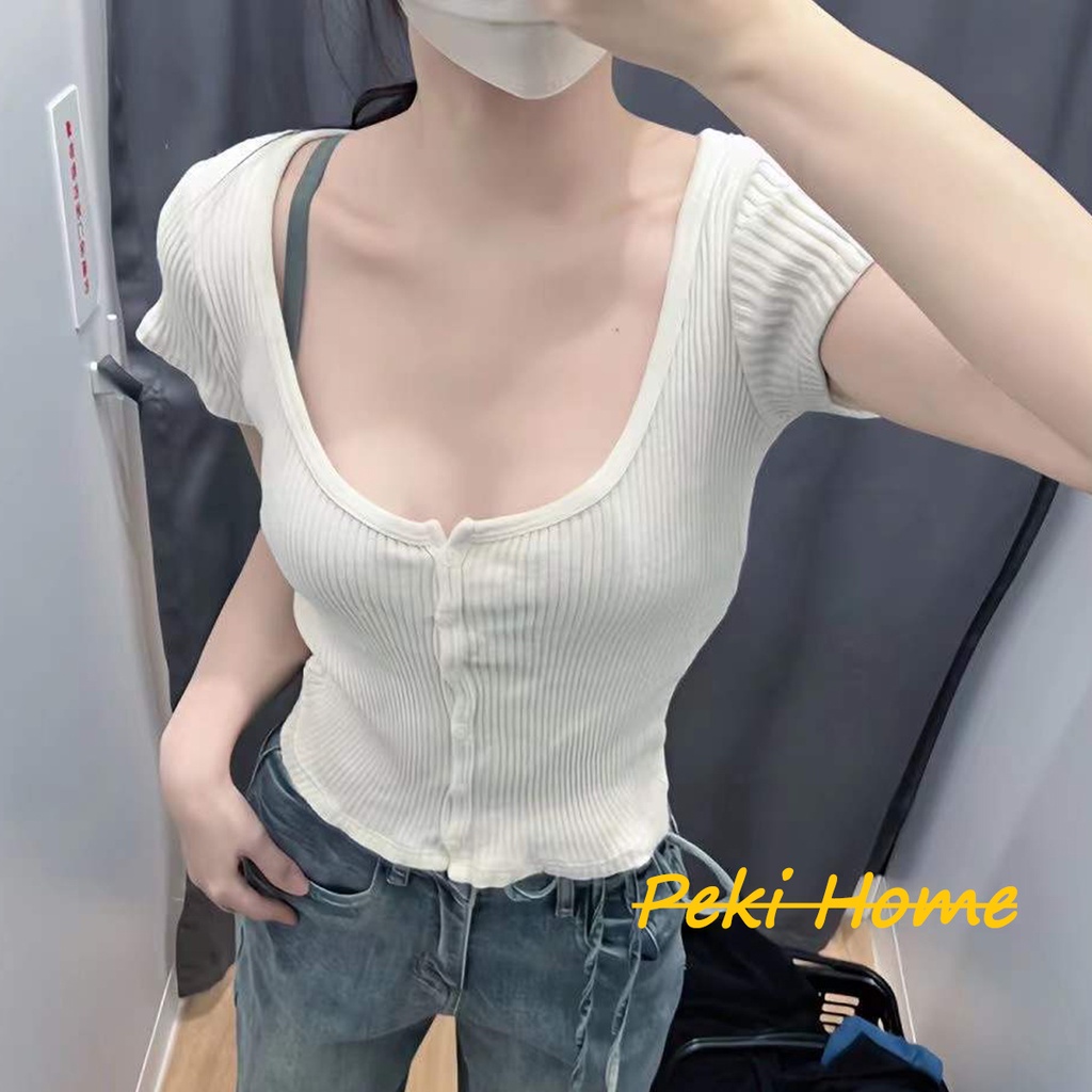 พร้อมส่ง เสื้อเเขนสั้นคอกลมสีขาว งานสวยเรียบง่าย ใส่สบาย